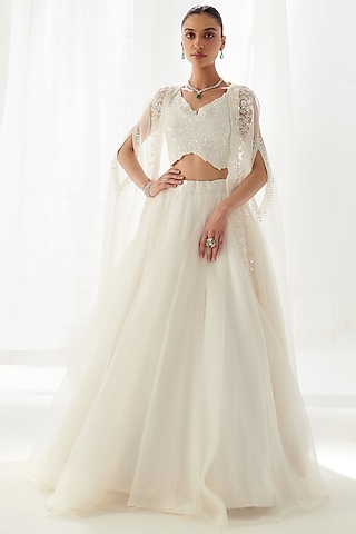 White Organza Embroidered Cape Set by Suhino