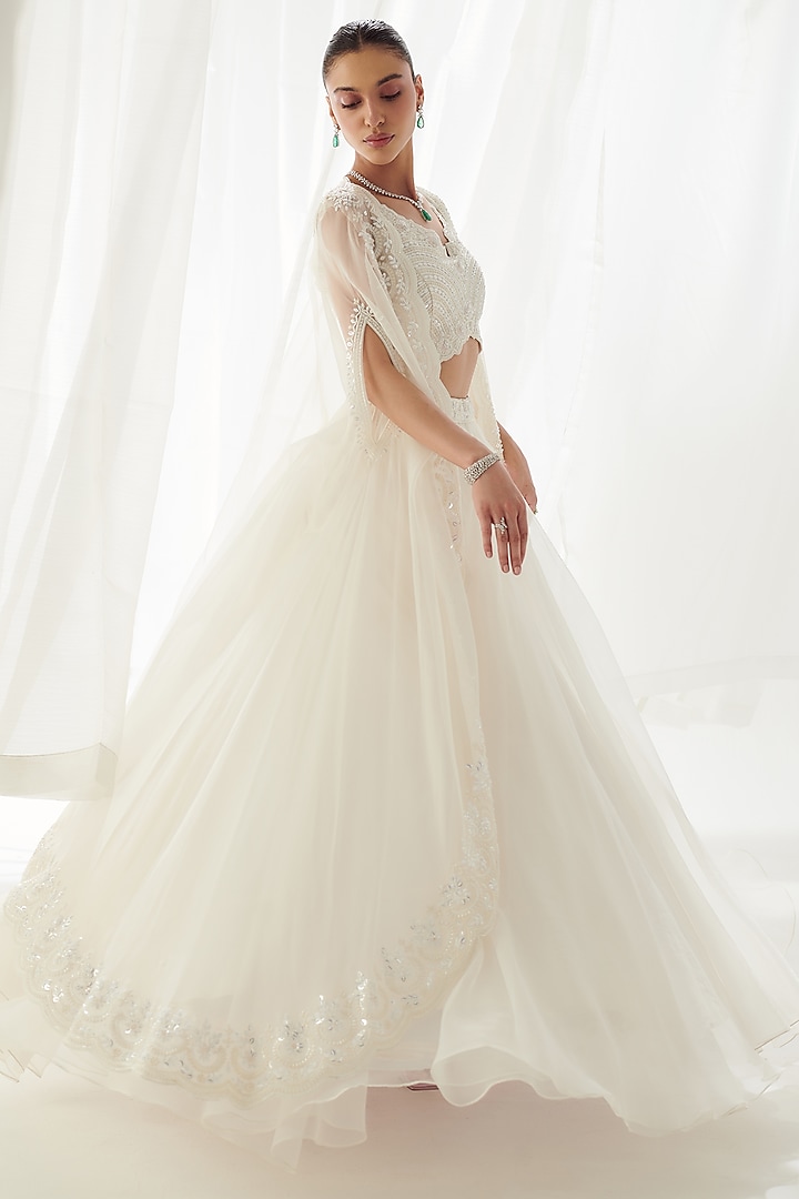 White Organza Embroidered Cape Set by Suhino at Pernia's Pop Up Shop