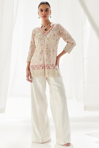 White Slub Silk Co-Ord Set by Suhino