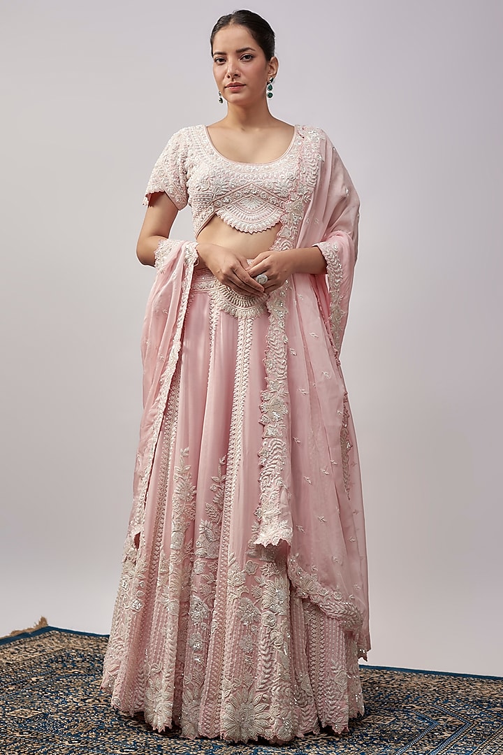 Pink Organza Resham & Pearl Embroidered Bridal Lehenga Set by Suhino at Pernia's Pop Up Shop