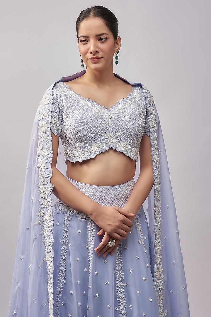 Purple Organza Resham & Pearl Embroidered Bridal Lehenga Set by Suhino at Pernia's Pop Up Shop