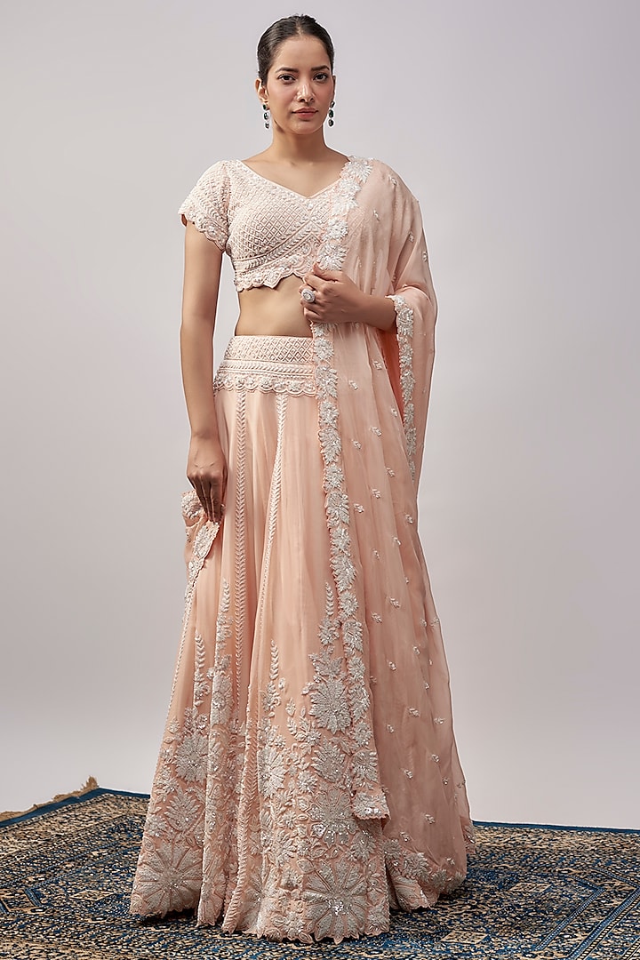 Peach Organza Resham & Pearl Embroidered Bridal Lehenga Set by Suhino at Pernia's Pop Up Shop