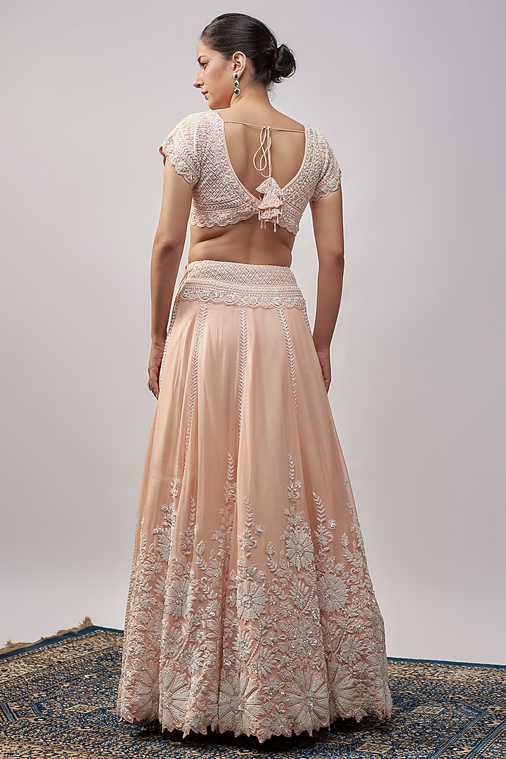 Peach Organza Resham & Pearl Embroidered Bridal Lehenga Set by Suhino at Pernia's Pop Up Shop