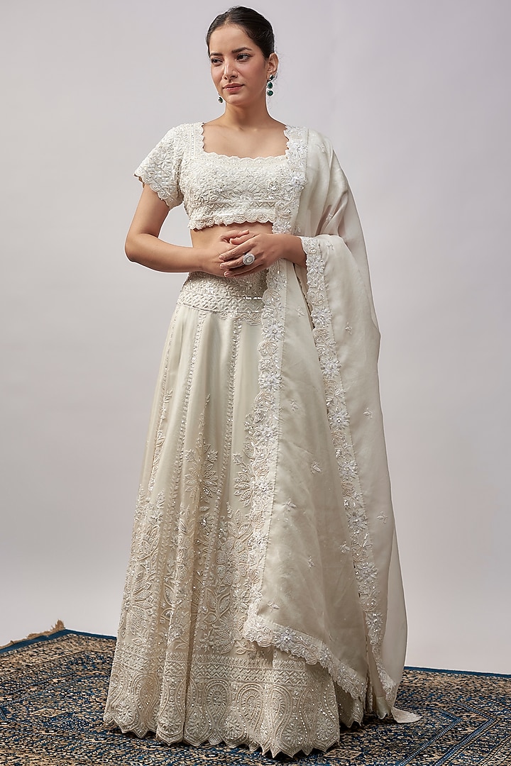 White Organza Resham & Pearl Embroidered Bridal Lehenga Set by Suhino at Pernia's Pop Up Shop