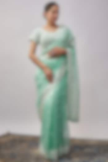 Aqua Organza Resham & Pearl Hand Embroidered Saree Set by Suhino at Pernia's Pop Up Shop