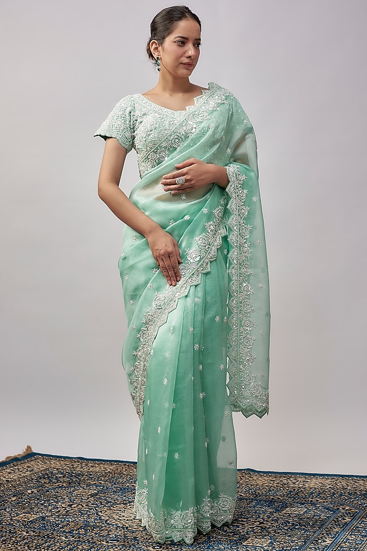 Aqua Organza Resham & Pearl Hand Embroidered Saree Set by Suhino at Pernia's Pop Up Shop