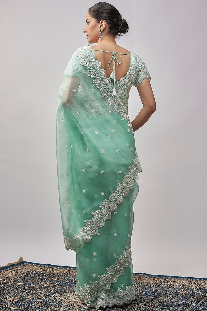 Aqua Organza Resham & Pearl Hand Embroidered Wedding Saree Set by Suhino at Pernia's Pop Up Shop