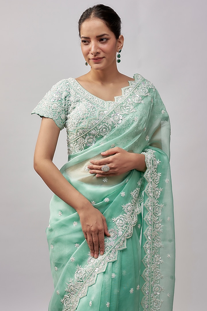 Aqua Organza Resham & Pearl Hand Embroidered Wedding Saree Set by Suhino at Pernia's Pop Up Shop
