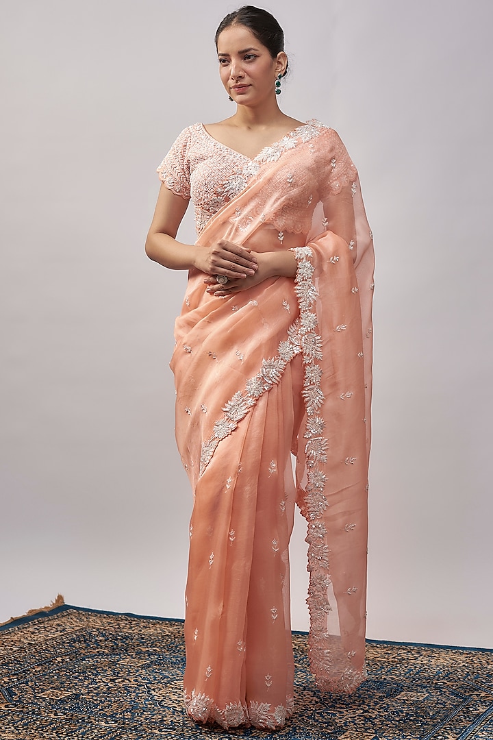 Peach Organza Resham & Pearl Hand Embroidered Saree Set by Suhino at Pernia's Pop Up Shop