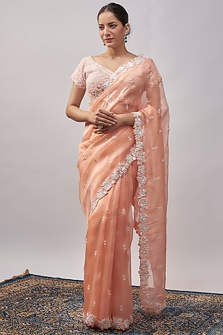 Peach Organza Resham & Pearl Hand Embroidered Saree Set by Suhino