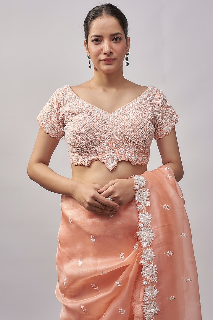 Peach Organza Resham & Pearl Hand Embroidered Wedding Saree Set by Suhino at Pernia's Pop Up Shop