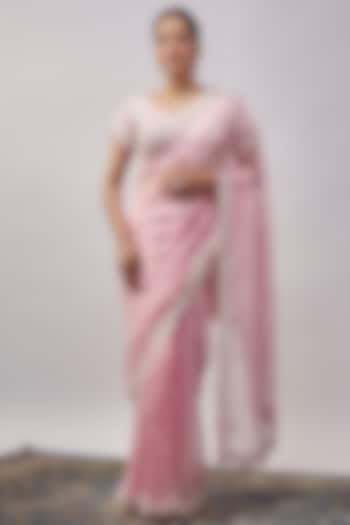 Pink Organza Resham & Pearl Hand Embroidered Saree Set by Suhino at Pernia's Pop Up Shop