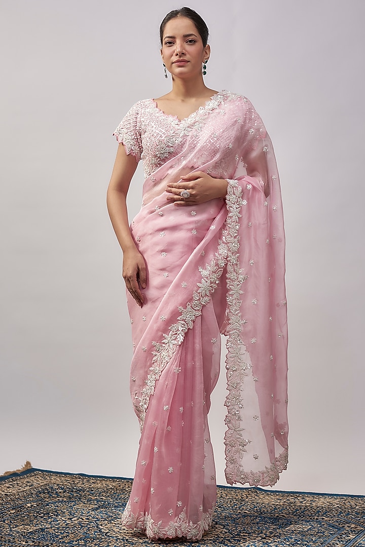 Pink Organza Resham & Pearl Hand Embroidered Saree Set by Suhino at Pernia's Pop Up Shop