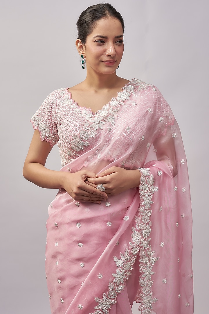 Pink Organza Resham & Pearl Hand Embroidered Wedding Saree Set by Suhino at Pernia's Pop Up Shop