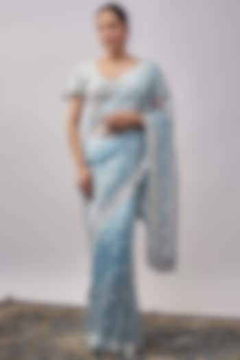 Blue Organza Resham & Pearl Hand Embroidered Saree Set by Suhino at Pernia's Pop Up Shop