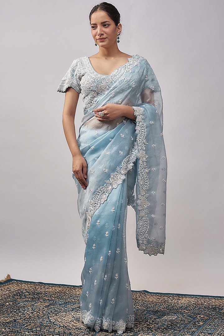 Blue Organza Resham & Pearl Hand Embroidered Saree Set by Suhino at Pernia's Pop Up Shop