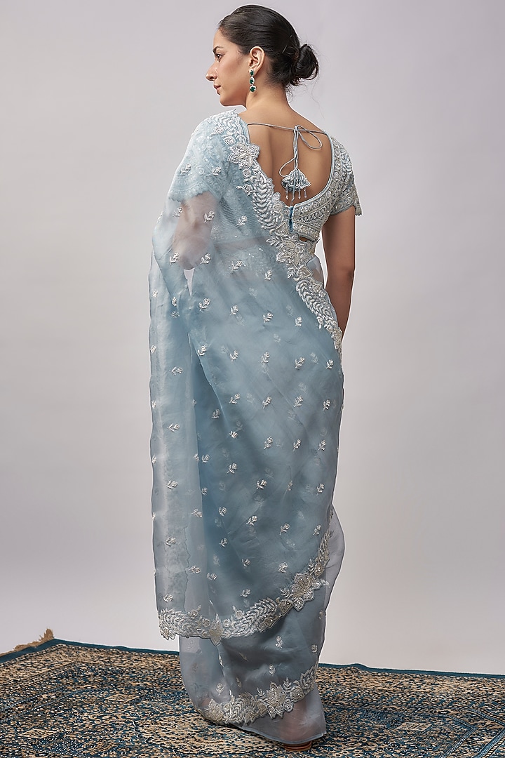 Blue Organza Resham & Pearl Hand Embroidered Wedding Saree Set by Suhino at Pernia's Pop Up Shop