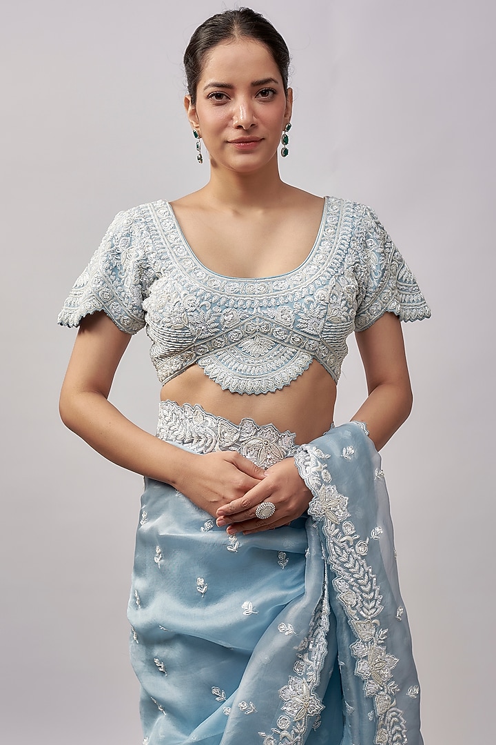 Blue Organza Resham & Pearl Hand Embroidered Wedding Saree Set by Suhino at Pernia's Pop Up Shop