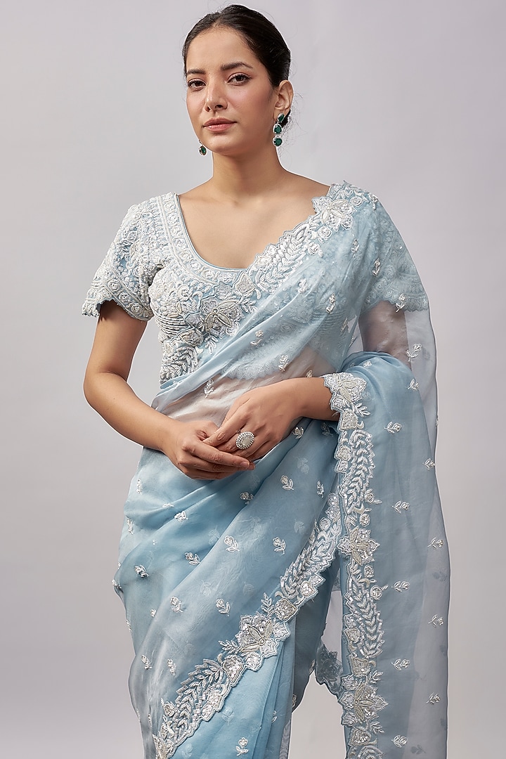 Blue Organza Resham & Pearl Hand Embroidered Wedding Saree Set by Suhino at Pernia's Pop Up Shop