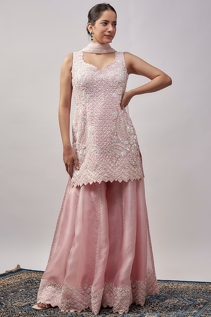 Pink Organza Resham & Pearl Hand Embroidered Sharara Set by Suhino at Pernia's Pop Up Shop