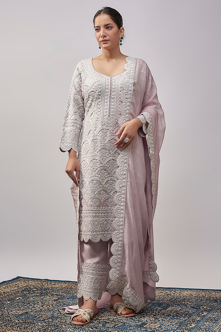 Lavender Tissue Resham & Pearl Hand Embroidered Kurta Set by Suhino at Pernia's Pop Up Shop