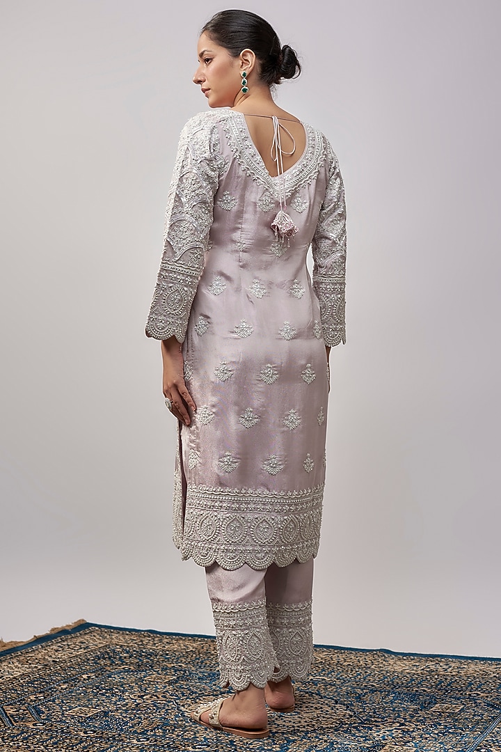 Lavender Tissue Resham & Pearl Hand Embroidered Kurta Set by Suhino at Pernia's Pop Up Shop