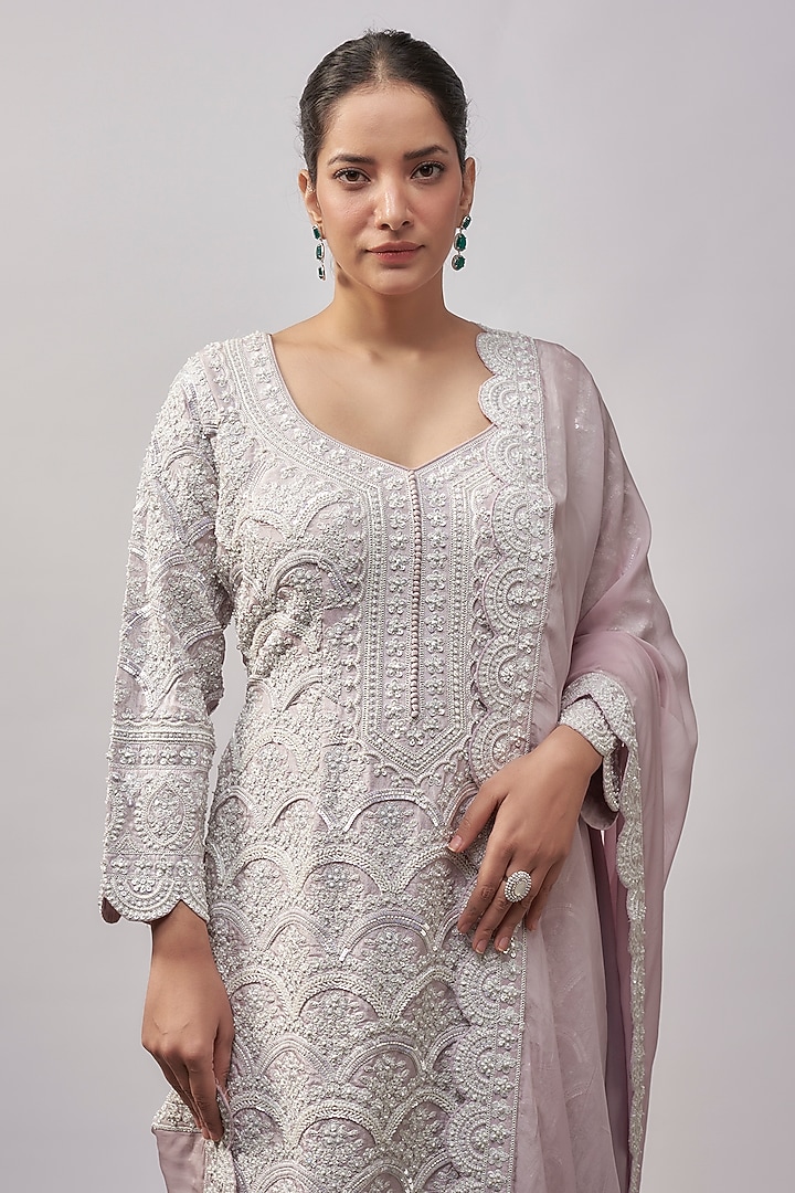 Lavender Tissue Resham & Pearl Hand Embroidered Kurta Set by Suhino at Pernia's Pop Up Shop