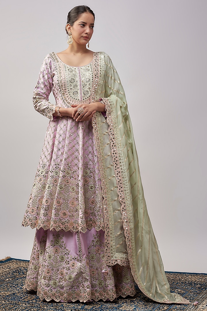 Lavender Slub Silk Zari & Mirror Embroidered Anarkali Set by Suhino at Pernia's Pop Up Shop