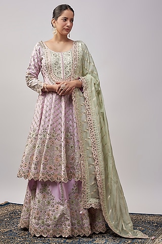 Lavender Slub Silk Zari & Mirror Embroidered Anarkali Set by Suhino