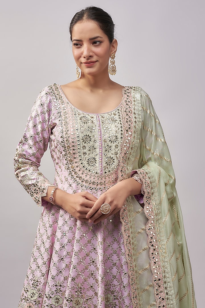 Lavender Slub Silk Zari & Mirror Embroidered Bridal Anarkali Set by Suhino at Pernia's Pop Up Shop