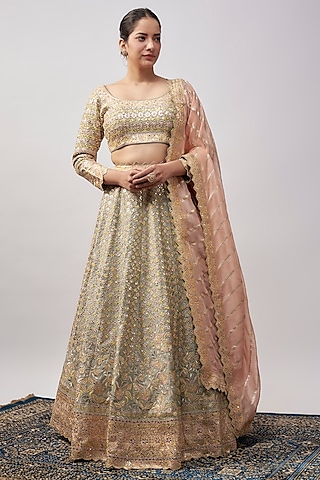 Grey Slub Silk Resham & Mirror Embroidered Lehenga Set by Suhino
