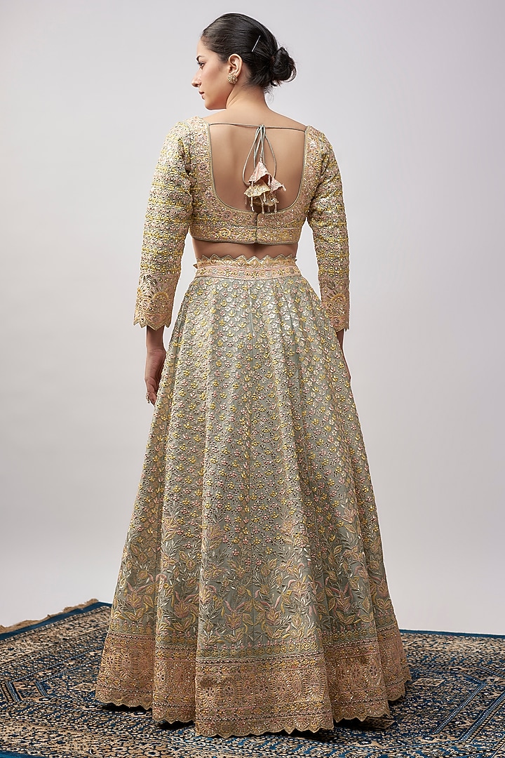 Grey Slub Silk Resham & Mirror Embroidered Wedding Lehenga Set by Suhino at Pernia's Pop Up Shop