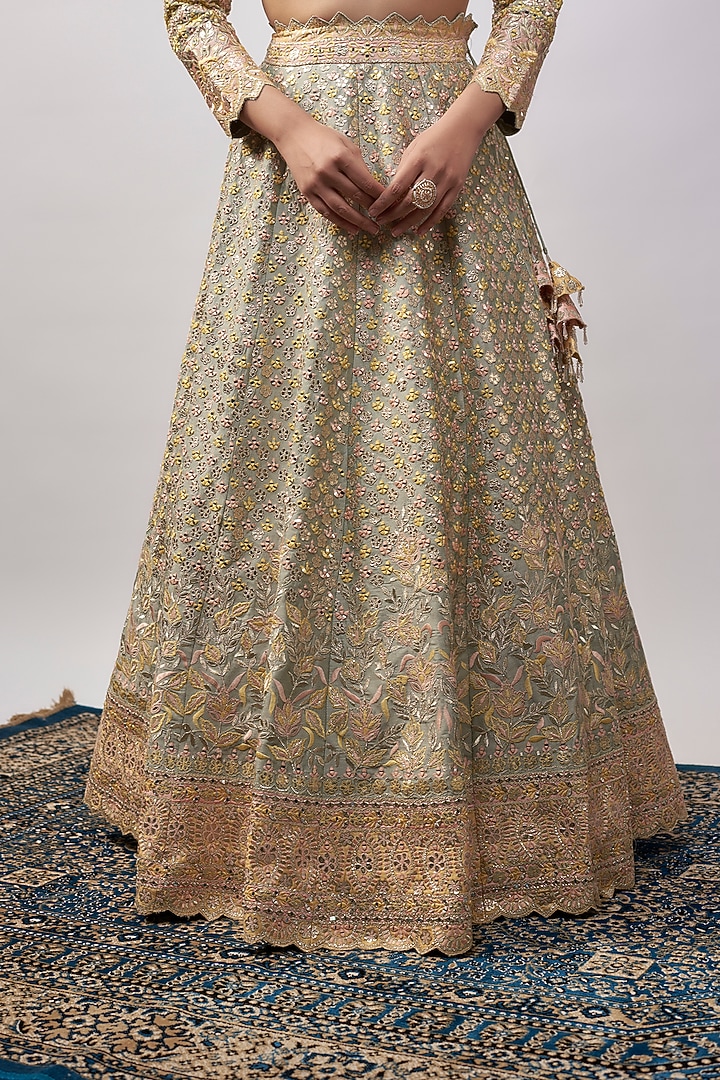Grey Slub Silk Resham & Mirror Embroidered Wedding Lehenga Set by Suhino at Pernia's Pop Up Shop