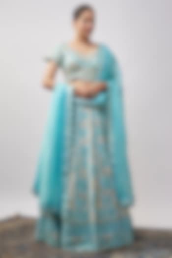 Blue Slub Silk Resham & Mirror Embroidered Wedding Lehenga Set by Suhino at Pernia's Pop Up Shop