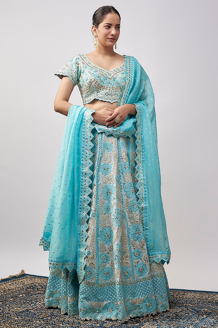 Blue Slub Silk Resham & Mirror Embroidered Wedding Lehenga Set by Suhino at Pernia's Pop Up Shop