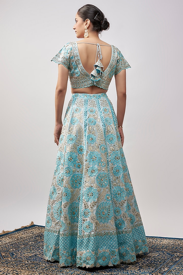 Blue Slub Silk Resham & Mirror Embroidered Wedding Lehenga Set by Suhino at Pernia's Pop Up Shop