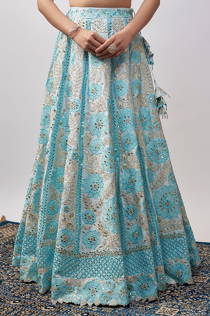 Blue Slub Silk Resham & Mirror Embroidered Wedding Lehenga Set by Suhino at Pernia's Pop Up Shop