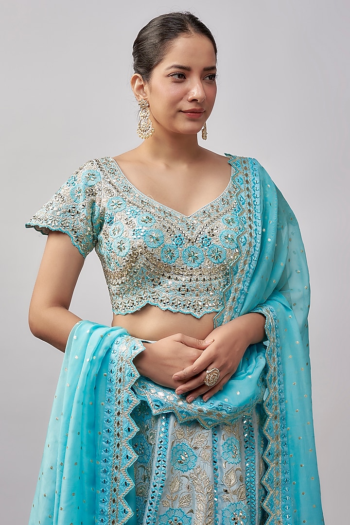 Blue Slub Silk Resham & Mirror Embroidered Wedding Lehenga Set by Suhino at Pernia's Pop Up Shop