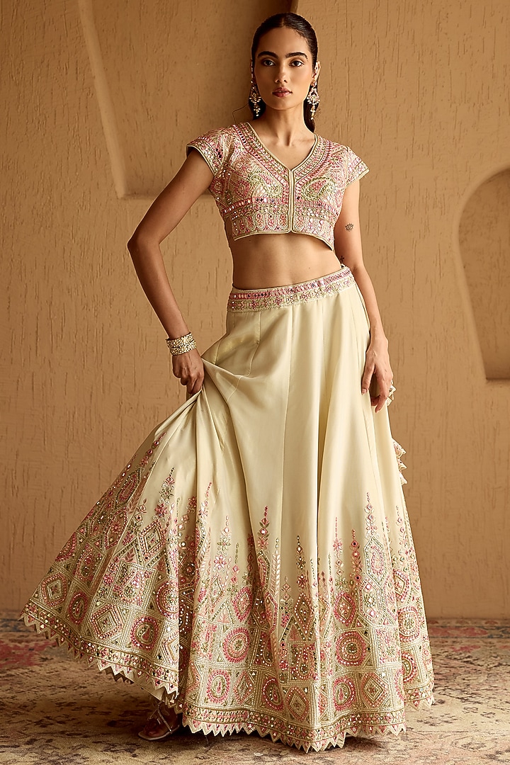 Ivory Tissue Mirror Embroidered Wedding Lehenga Set by Suhino at Pernia's Pop Up Shop