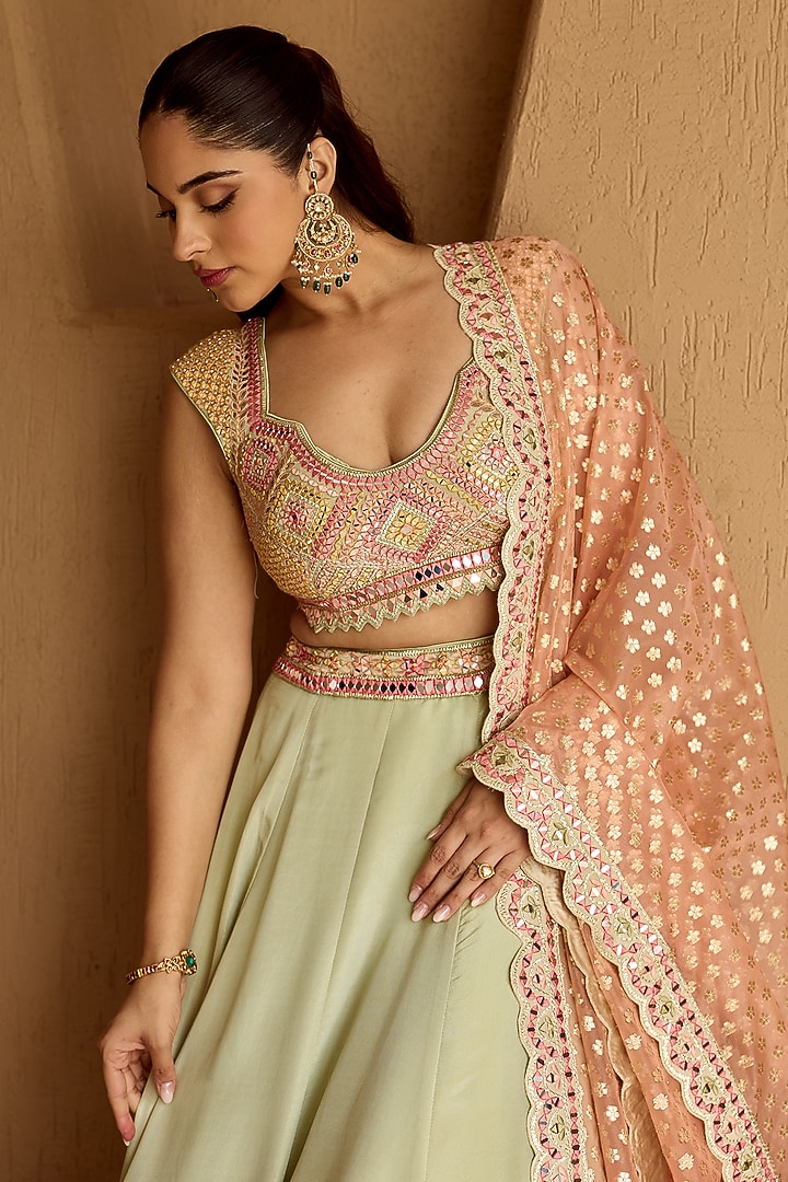 Mint Green Tissue Mirror Embroidered Wedding Lehenga Set by Suhino at Pernia's Pop Up Shop