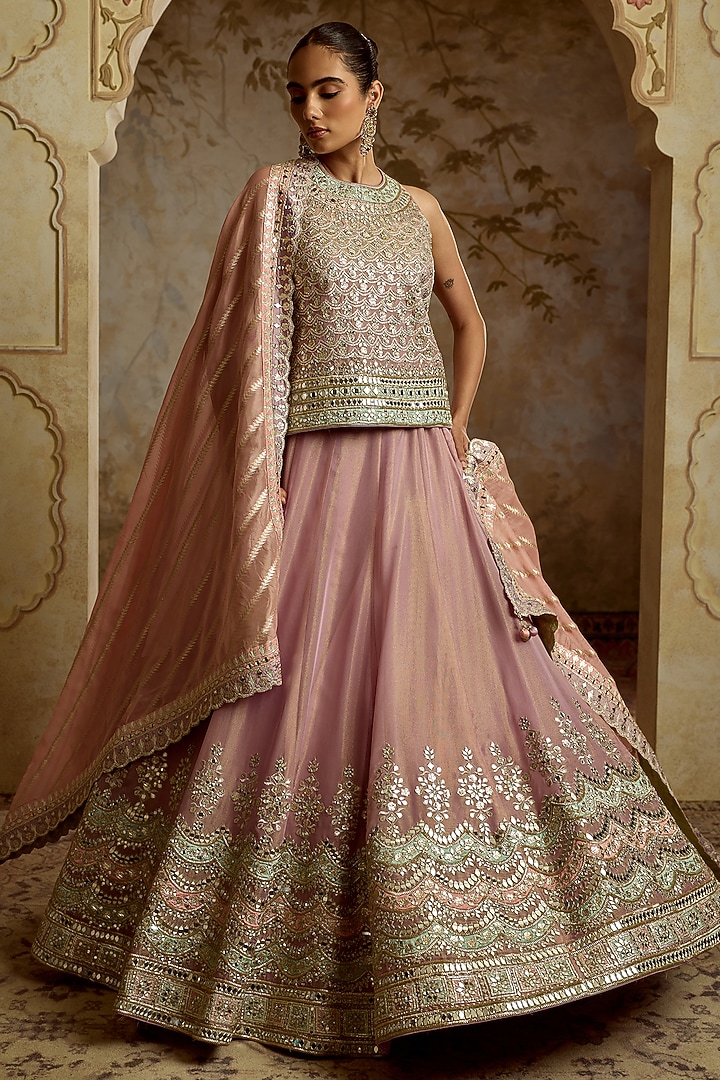 Purple Tissue Mirror Embroidered Wedding Lehenga Set by Suhino at Pernia's Pop Up Shop