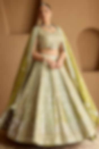 Green Tissue Mirror Embroidered Kalidar Wedding Lehenga Set by Suhino at Pernia's Pop Up Shop