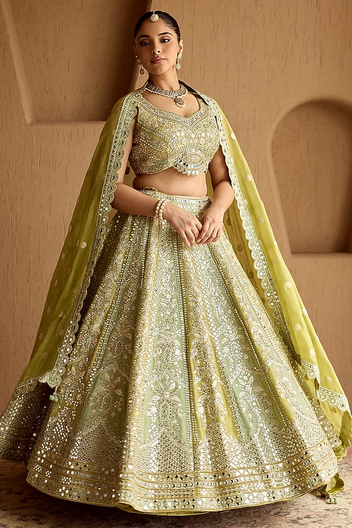 Green Tissue Mirror Embroidered Kalidar Wedding Lehenga Set by Suhino at Pernia's Pop Up Shop