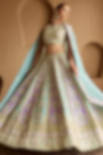 Lime Green & Aqua Blue Taffeta Mirror Embroidered Wedding Lehenga Set by Suhino at Pernia's Pop Up Shop