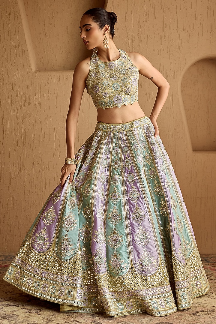 Lime Green & Aqua Blue Taffeta Mirror Embroidered Wedding Lehenga Set by Suhino at Pernia's Pop Up Shop