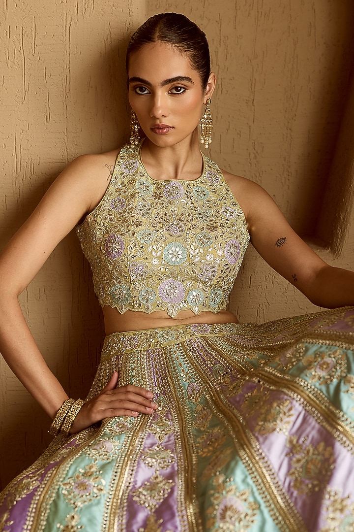 Lime Green & Aqua Blue Taffeta Mirror Embroidered Wedding Lehenga Set by Suhino at Pernia's Pop Up Shop