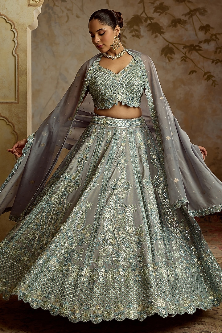Grey Tissue Mirror Embroidered Wedding Lehenga Set by Suhino at Pernia's Pop Up Shop