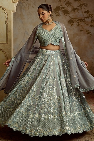 Grey Tissue Mirror Embroidered Lehenga Set by Suhino