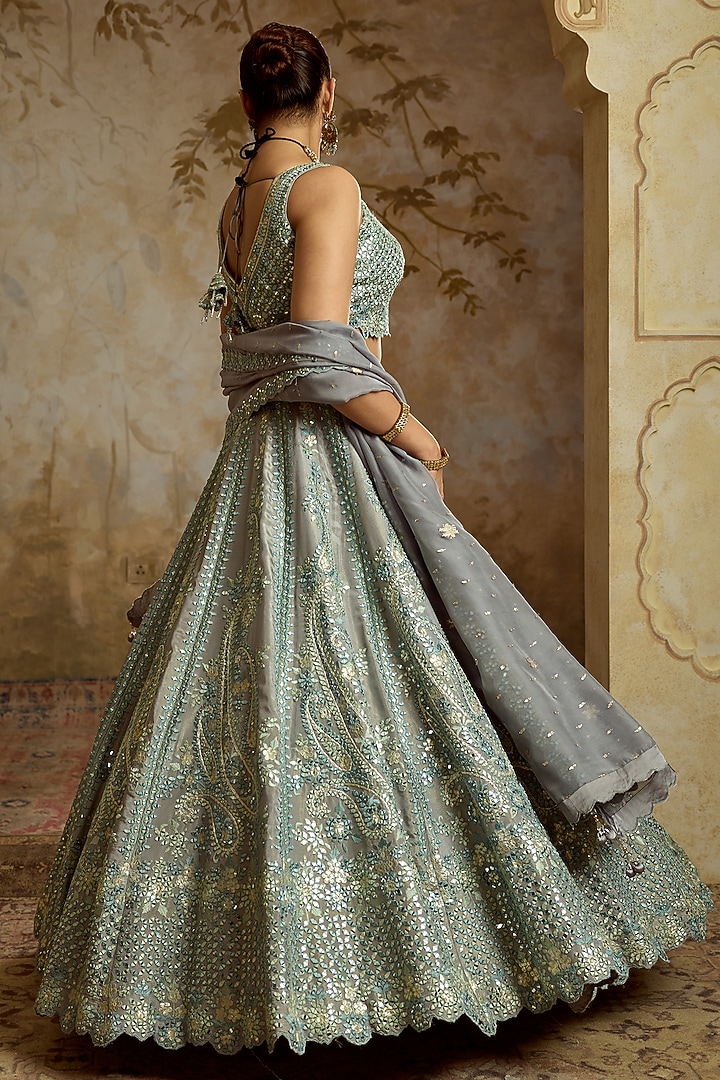 Grey Tissue Mirror Embroidered Wedding Lehenga Set by Suhino at Pernia's Pop Up Shop