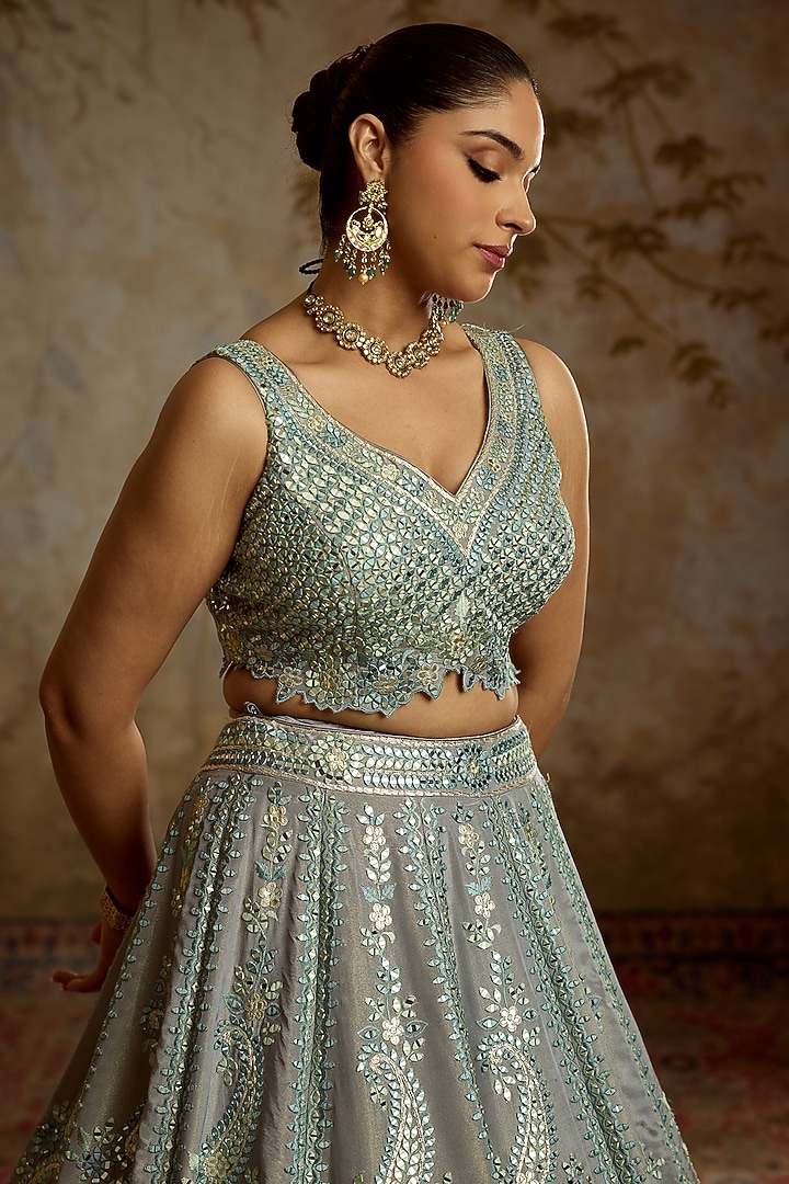 Grey Tissue Mirror Embroidered Wedding Lehenga Set by Suhino at Pernia's Pop Up Shop